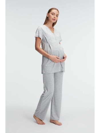 Kısa Kol V Yaka Kadın Polyester Elastan Yazlık Örme Dantel Detaylı Hamile Pijama Takımı Anıl 11308