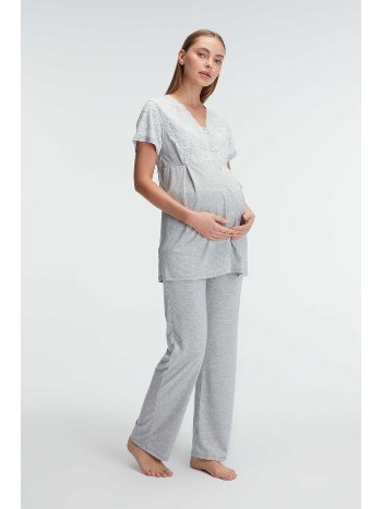 Kısa Kol V Yaka Kadın Polyester Elastan Yazlık Örme Dantel Detaylı Hamile Pijama Takımı Anıl 11308