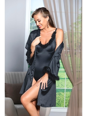 Kuşakli Mini Boy Saten Sabahlik Siyah Gallipoli 11500