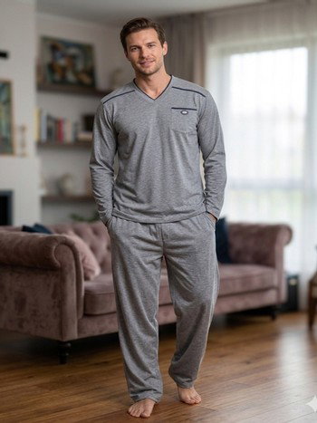 Likralı İki İplik V Yaka Erkek Pijama Takımı Bone Club 6372