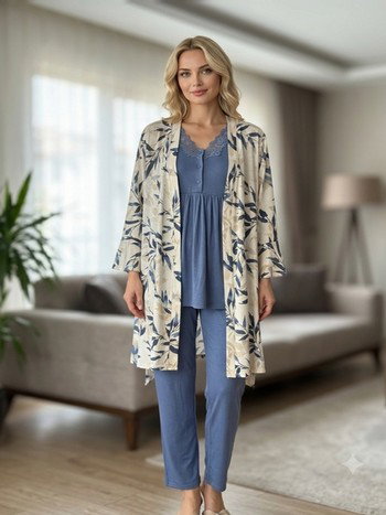 Likralı Saten Kadın 3'lü Pijama Takımı Bone Club 6327