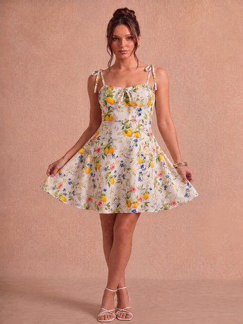 Limonlu Çiçekli Fiyonklu Askılı Kısa Elbise Bella Notte E-5598