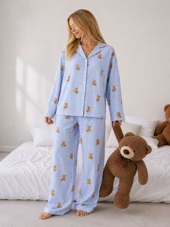 Mavi Çizgili Ayıcık Desenli Gömlek Yaka Düğmeli Uzun Kollu Kadın Pijama Takımı Bella Notte 61317