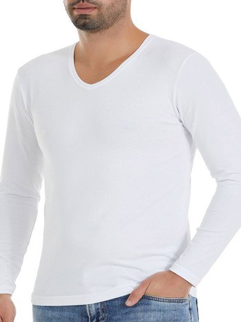 Pamuklu Likralı V Yaka Uzun Kol Erkek T-Shirt Beyaz Yıldız 350