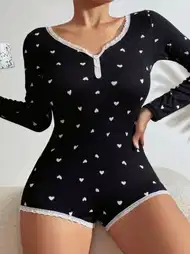 Pamuklu Kalp Desenli Tulum Pijama Takımı Ruselin 5122