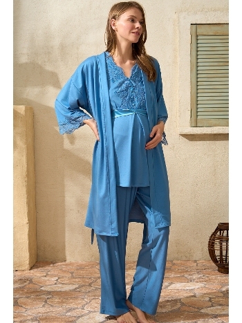 Sıfır Kol V Yaka Kadın Viskon Düz Yazlık Uzun Dantel Detaylı Hamile Pijama Takımı Sabahlık Anıl Anıl 5771