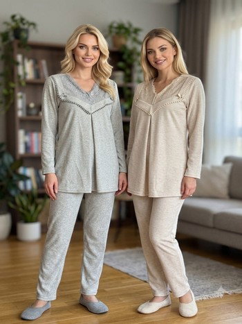 Simli Hamile Lohusa 3'lü Pijama Takımı Bone Club 6307