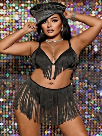 Püsküllü Bralet Etek Büyük Beden Siyah Fantezi İç Giyim Takımı Nathalie 02