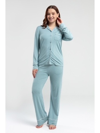 Önden Düğmeli Uzun Kol Mint Kadın Pijama Takımı Derya Kurşun 8986