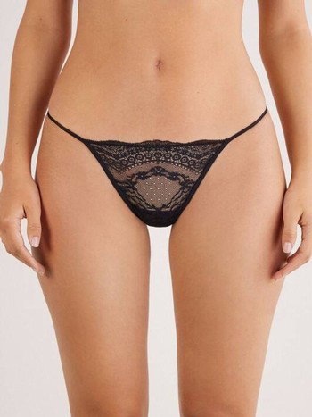 Yarı Dantel Yarı Kumaş Siyah Tanga Külot Venlisa V6107