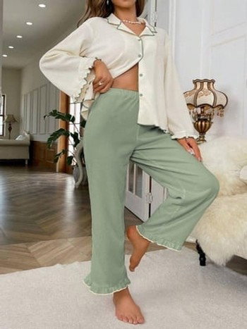 Yeşil Uzun Kollu V Yaka Fırfır Detaylı Pijama Takımı Bella Notte 77007