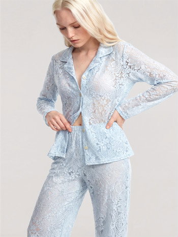 Zarif Dantel İşlemeli Düğmeli Kadın Pijama Takımı Akbeniz Mavi 5982