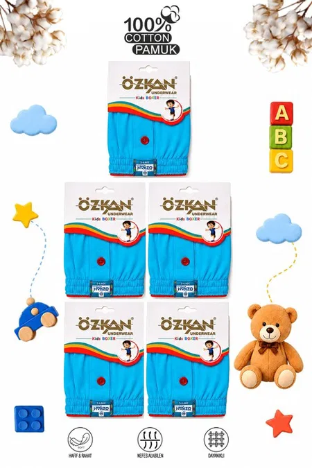 5'li Paket Erkek Çocuk %100 Pamuklu Premium Kumaş Rahat Klasik Kesim Süprem Penye Boxer Şort Külot Özkan 31223 - Mavi