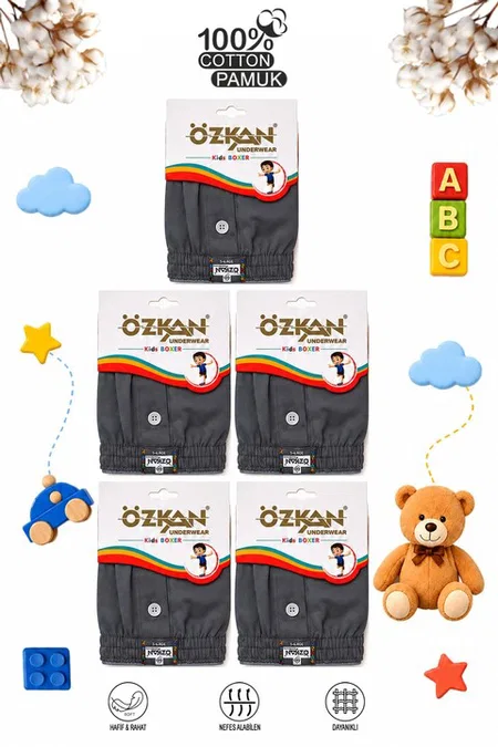 5'li Paket Erkek Çocuk %100 Pamuklu Premium Kumaş Rahat Klasik Kesim Süprem Penye Boxer Şort Külot Özkan 31223 - Gri Melanj