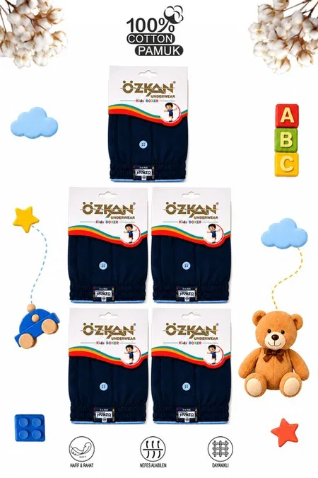 5'li Paket Erkek Çocuk %100 Pamuklu Premium Kumaş Rahat Klasik Kesim Süprem Penye Boxer Şort Külot Özkan 31223 - Lacivert