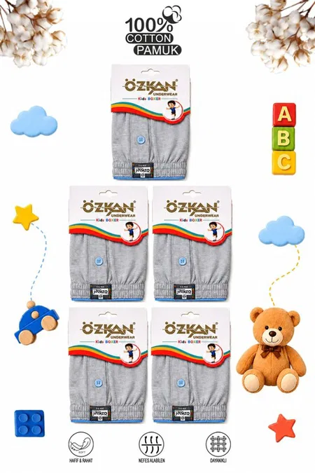 5'li Paket Erkek Çocuk %100 Pamuklu Premium Kumaş Rahat Klasik Kesim Süprem Penye Boxer Şort Külot Özkan 31223 - Gri Melanj