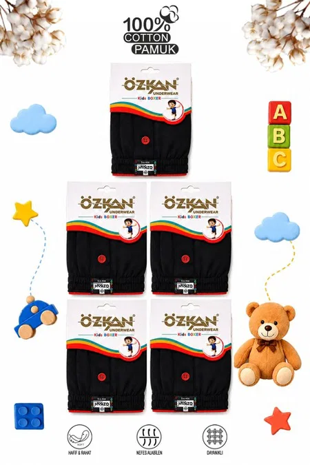 5'li Paket Erkek Çocuk %100 Pamuklu Premium Kumaş Rahat Klasik Kesim Süprem Penye Boxer Şort Külot Özkan 31223 - Siyah