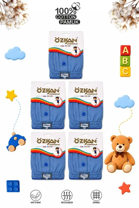 5'li Paket Erkek Çocuk %100 Pamuklu Premium Kumaş Rahat Klasik Kesim Süprem Penye Boxer Şort Külot Özkan 31223 - Turkuaz