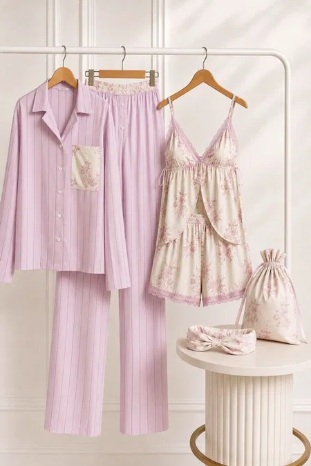 6 Parça Viskon Dokuma Floral Bridal Homewear Set Bella Notte BNL-PJ-2601 - Pembe