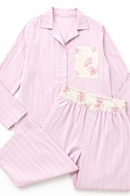 6 Parça Viskon Dokuma Floral Bridal Homewear Set Bella Notte BNL-PJ-2601 - Pembe