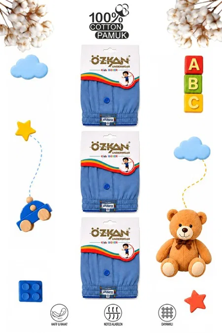 6lı Paket Erkek Çocuk %100 Pamuklu Premium Kumaş Rahat Klasik Kesim Süprem Penye Boxer Özkan 31223 - Mavi