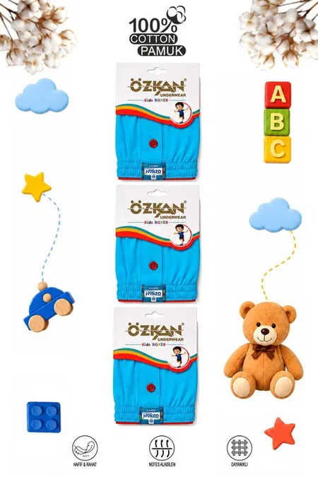 6lı Paket Erkek Çocuk %100 Pamuklu Premium Kumaş Rahat Klasik Kesim Süprem Penye Boxer Özkan 31223 - Turkuaz