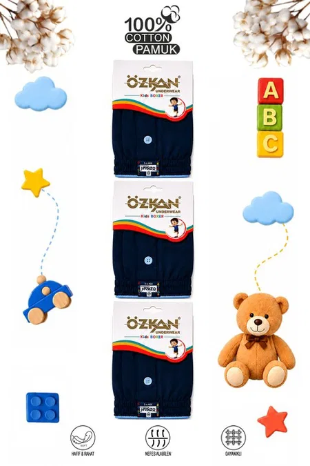 6lı Paket Erkek Çocuk %100 Pamuklu Premium Kumaş Rahat Klasik Kesim Süprem Penye Boxer Özkan 31223 - Lacivert
