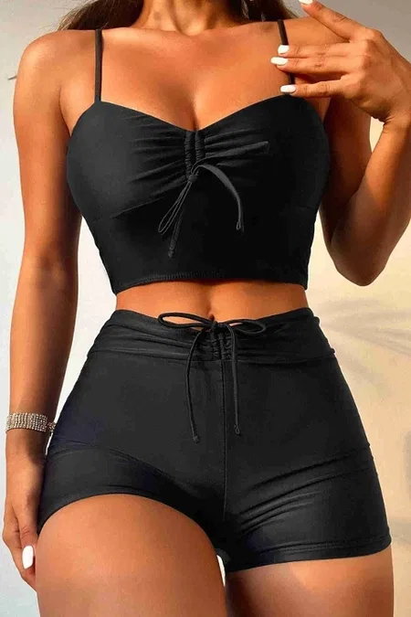 Önden Ayarlı Büzgülü Deniz Şortlu Tankini Bikini Takım Siyah Angelsin MS4332 - Siyah