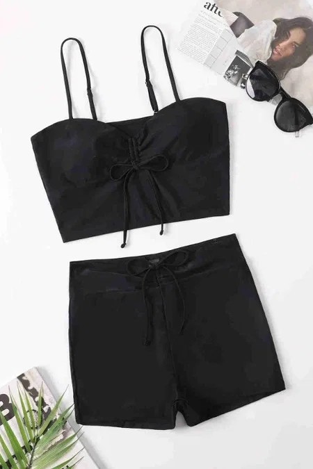 Önden Ayarlı Büzgülü Deniz Şortlu Tankini Bikini Takım Siyah Angelsin MS4332 - Siyah