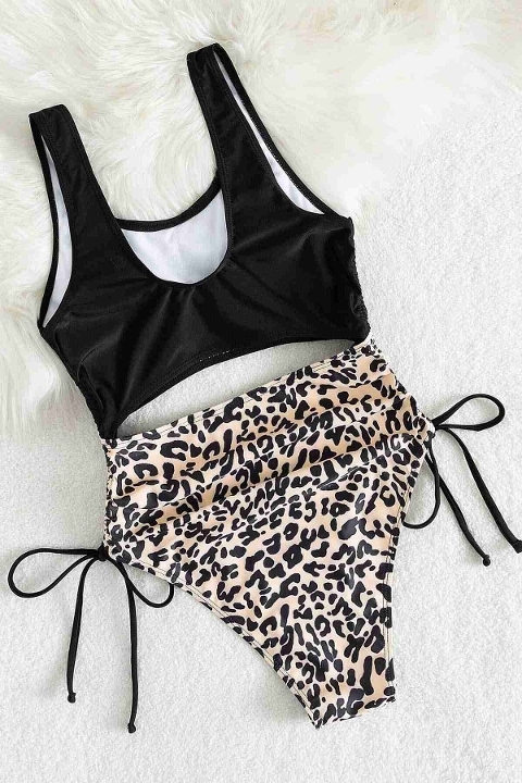 Özel Tasarım Leopar Yanlardan Büzgü Ayarlama Detaylı Mayo Angelsin MS4308 - 2