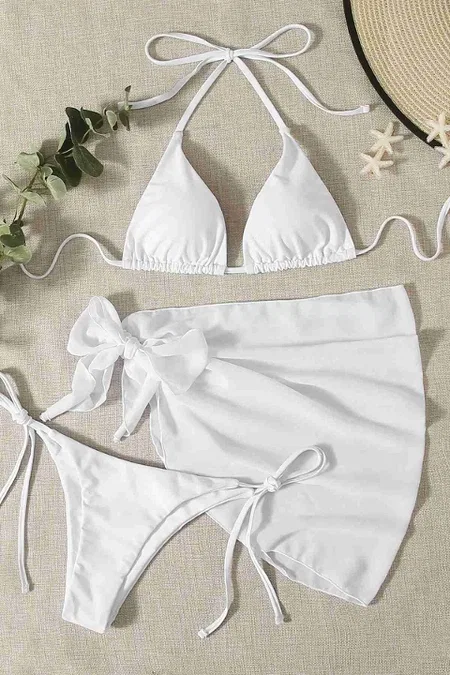 Pareolu Bağlamalı 3'lü Bikini Takım Set (Çıkartılabilir Kaplı) Angelsin MS4094-1000 - Beyaz