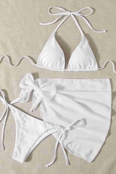 Pareolu Bağlamalı 3'lü Bikini Takım Set (Çıkartılabilir Kaplı) Angelsin MS4094-1000 - Beyaz