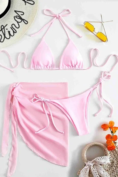 Pareolu Bağlamalı 3'lü Bikini Takım Set (Çıkartılabilir Kaplı) Angelsin MS4094-1010 - Pembe