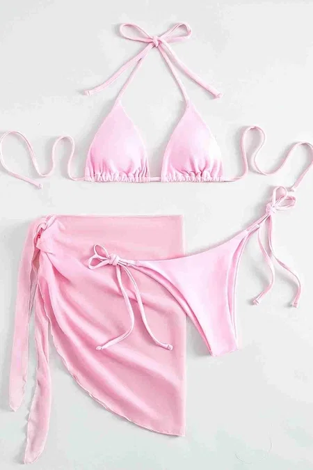 Pareolu Bağlamalı 3'lü Bikini Takım Set (Çıkartılabilir Kaplı) Angelsin MS4094-1010 - Pembe