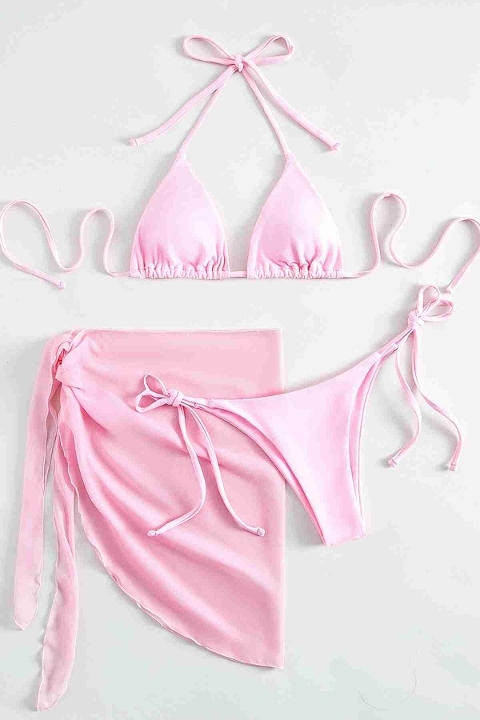 Pareolu Bağlamalı 3'lü Bikini Takım Set (Çıkartılabilir Kaplı) Angelsin MS4094-1010 - Pembe