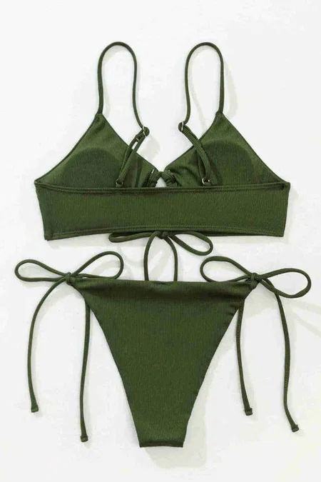 Angelsin Rib Dokulu Ön ve Yan Bağcık Detaylı İpli Brezilya Bikini Takımı Yeşil MS4500-Yeşil - Yeşil