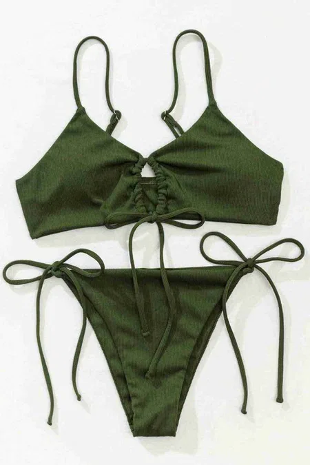 Angelsin Rib Dokulu Ön ve Yan Bağcık Detaylı İpli Brezilya Bikini Takımı Yeşil MS4500-Yeşil - Yeşil
