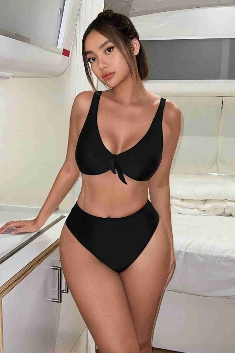 Şık Yüksek Bel Bikini Takım (Çıkartılabilir Kaplı) Angelsin MS4097 - Siyah