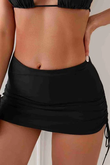 Angelsin Yan Büzgülü İpli Etekli Bütün Bikini Alt Siyah - MS4358-Siyah - Siyah