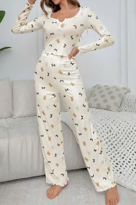 Yumuşak Pamuklu Ayıcık Desenli Uzun Pijama Takımı Ruselin 5129 - 2