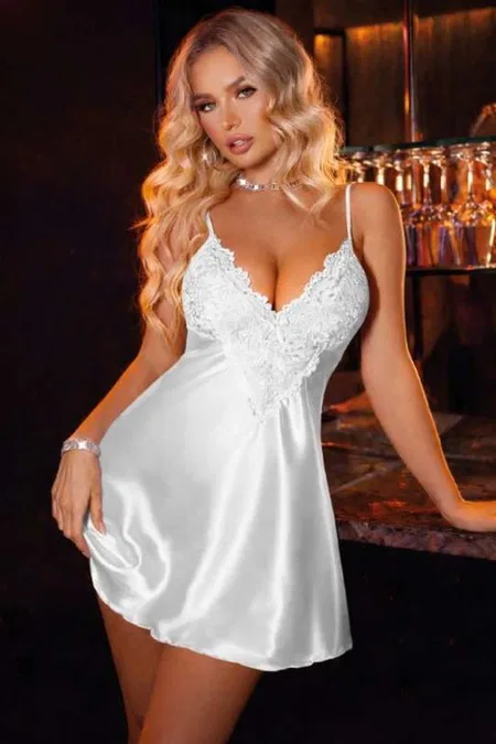 Beyaz Askılı Mini Dantelli Saten Kadın Gecelik Real Passione 2161 - Beyaz