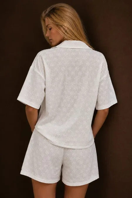 Beyaz Fistolu Kısa Kollu Düğme Detaylı Şortlu Pijama Takımı Bella Notte 71079 - Beyaz