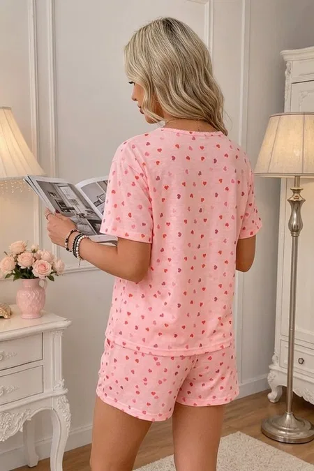 Beyaz Kısa Kollu Bisiklet Yaka Kalp Desenli Şortlu Pijama Takımı Bella Notte 7625 - Pembe