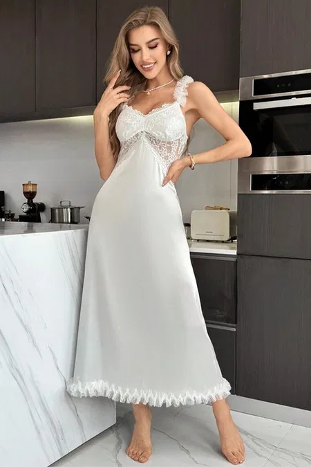 Beyaz Peluş Askılı Saten Gecelik Real Passione 22008 - Beyaz
