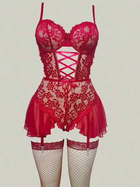 Bordo Body Seksi Jartiyer Takım Feel Lady F-240 - Bordo