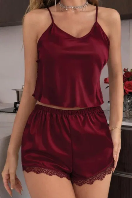 Bordo Dantel Detaylı Kadın Şort Takım Real Passione 1132 - Bordo
