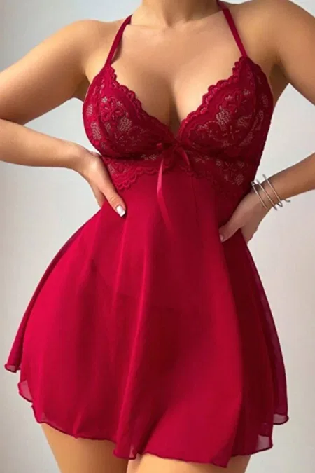 Bordo Dantel Detaylı Tek Parça Body Ruselin 2281 - Bordo