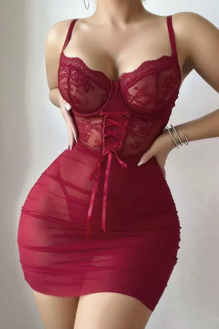 Bordo Dantelli Korse Bağcıklı Tül Fantezi Gecelik Real Passione 4086 - Bordo