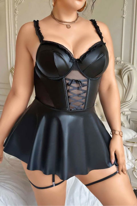 Büyük Beden Lame Parlak Deri Görünümlü Fantezi Gecelik Takım Jesica Bella 15058 - 2