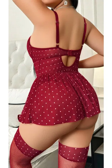 Büyük Beden Puantiyeli Fantezi Jartiyer Takım Lily Bianca LB-330 - Bordo